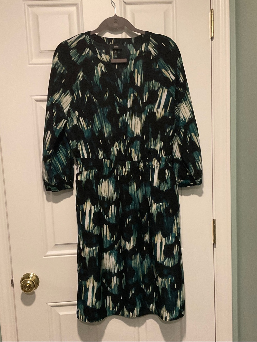 Abstract Brushstroke Long-Sleeve Dress in Teal and Black